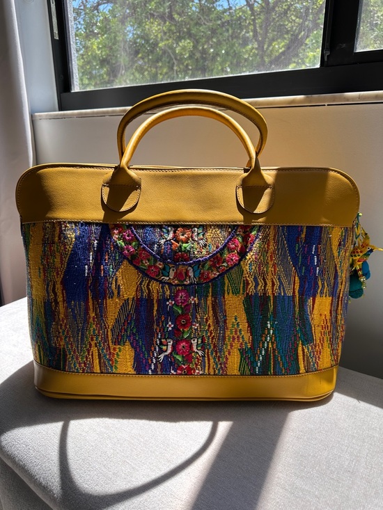 Guatemalan  leather and Embroidered Travel Tote Bag with Multicolor Panel - Picture 3 of 17